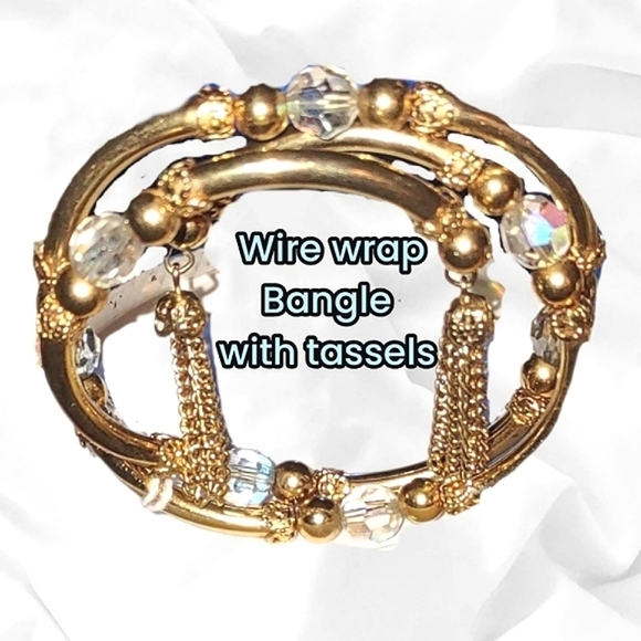 Gold Tassels Wire Wrap Tube Bead Vintage Bangle - Picture 8 of 13